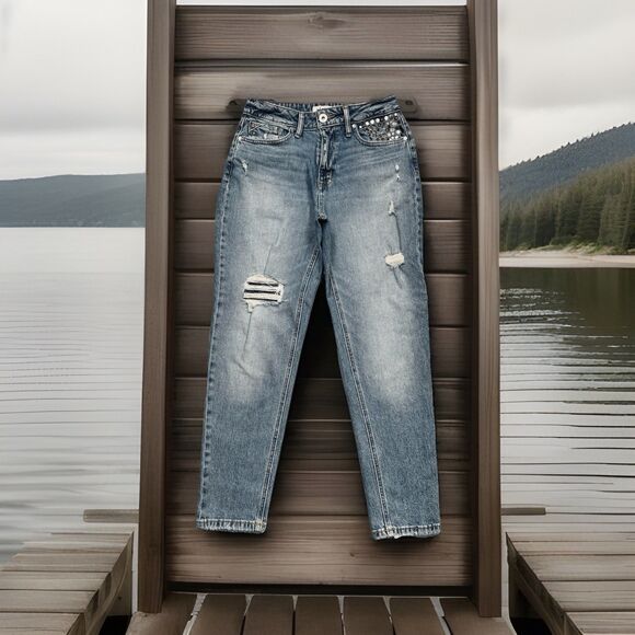 Edgely 90s Taper High Rise Jeans 6 Short (28x27) Blue Distressed Denim Womens - Picture 1 of 13